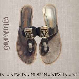 GRENDHA THONG GOLD ANIMAL PRINT EMBELLISHMENT SANDALS